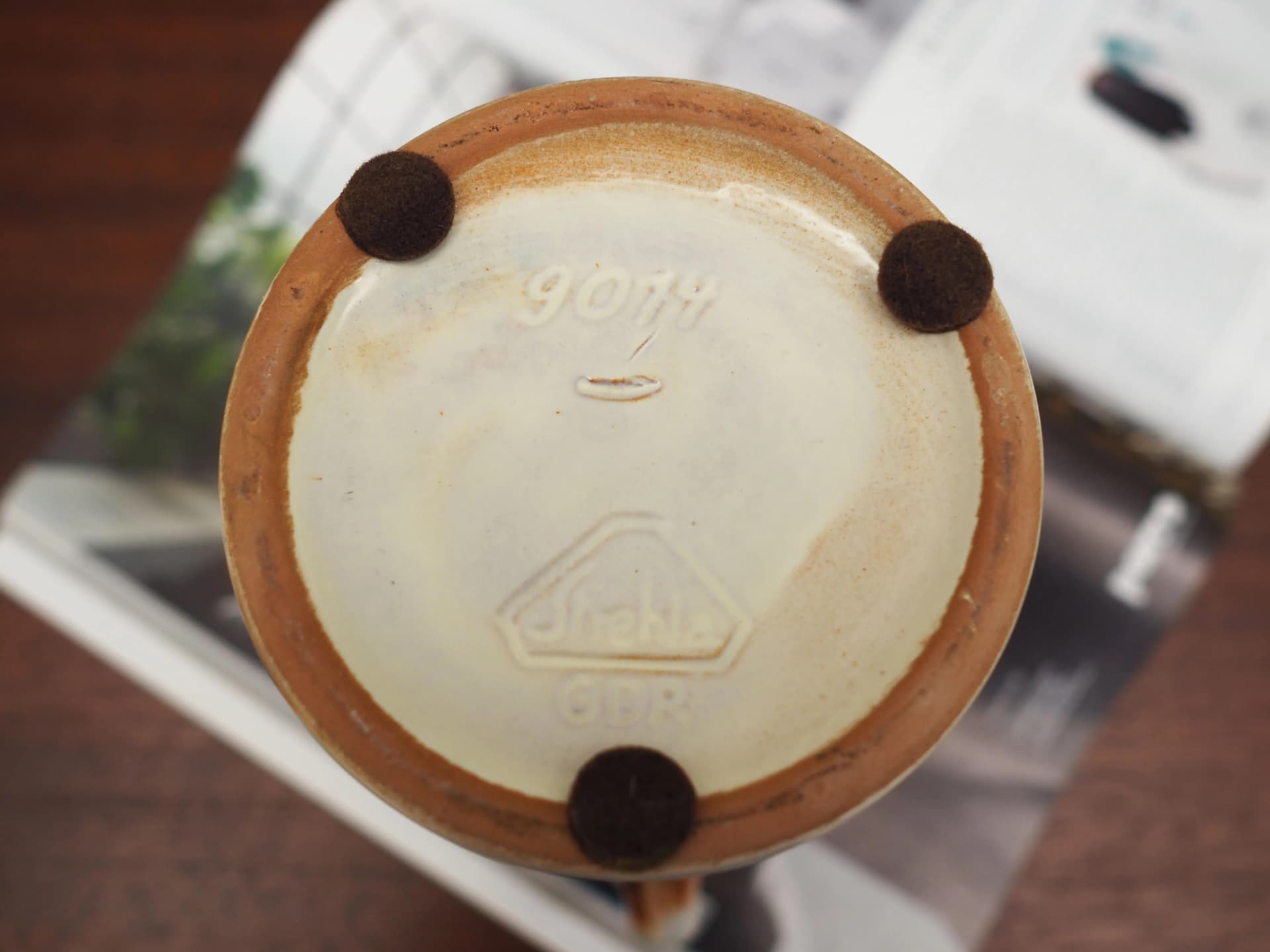 Ceramic jug, white brown red, Strehla, Germany, 1970s. - 19999