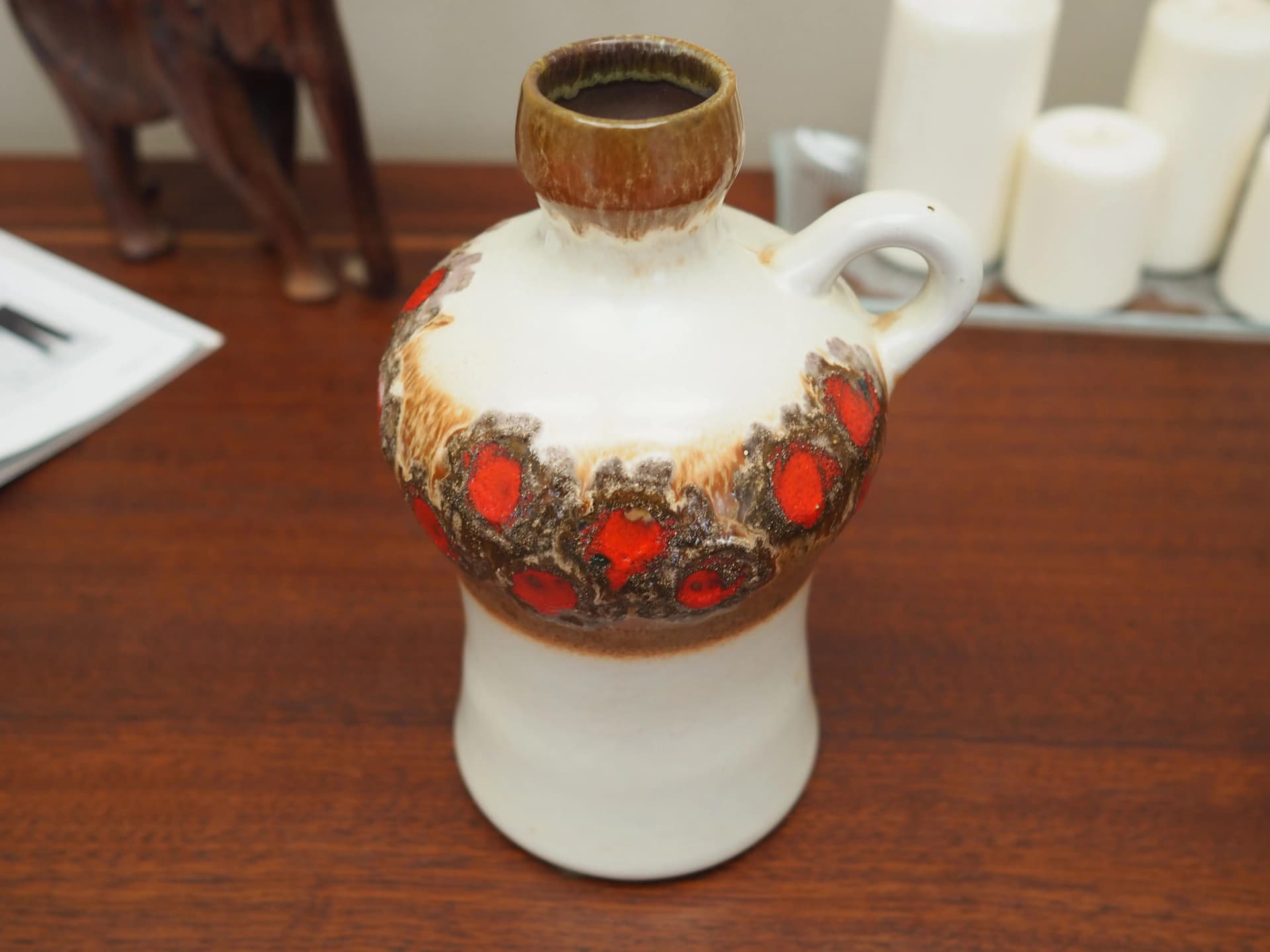 Ceramic jug, white brown red, Strehla, Germany, 1970s. - 19998