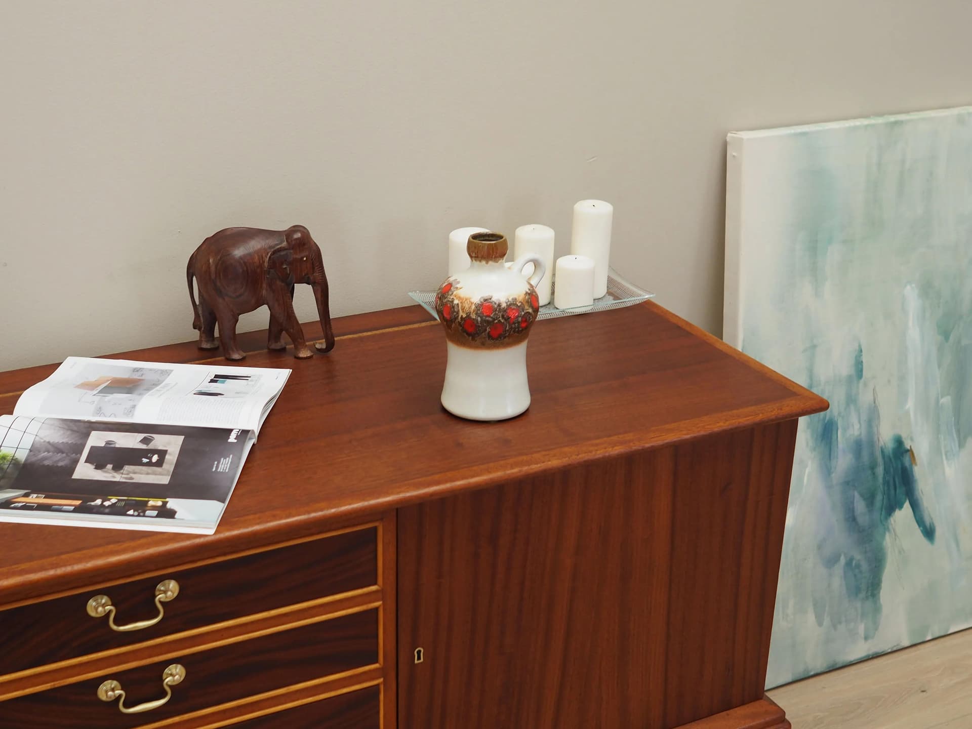 Ceramic jug, white brown red, Strehla, Germany, 1970s. - 19995