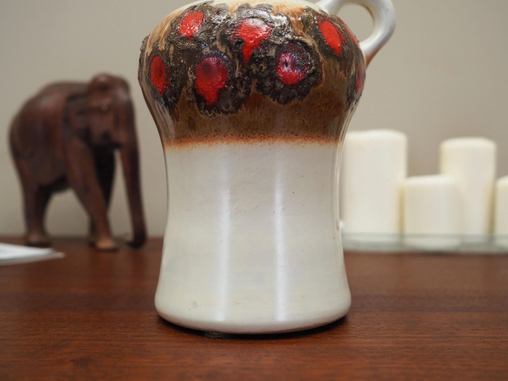 Ceramic jug, white brown red, Strehla, Germany, 1970s. - 20000