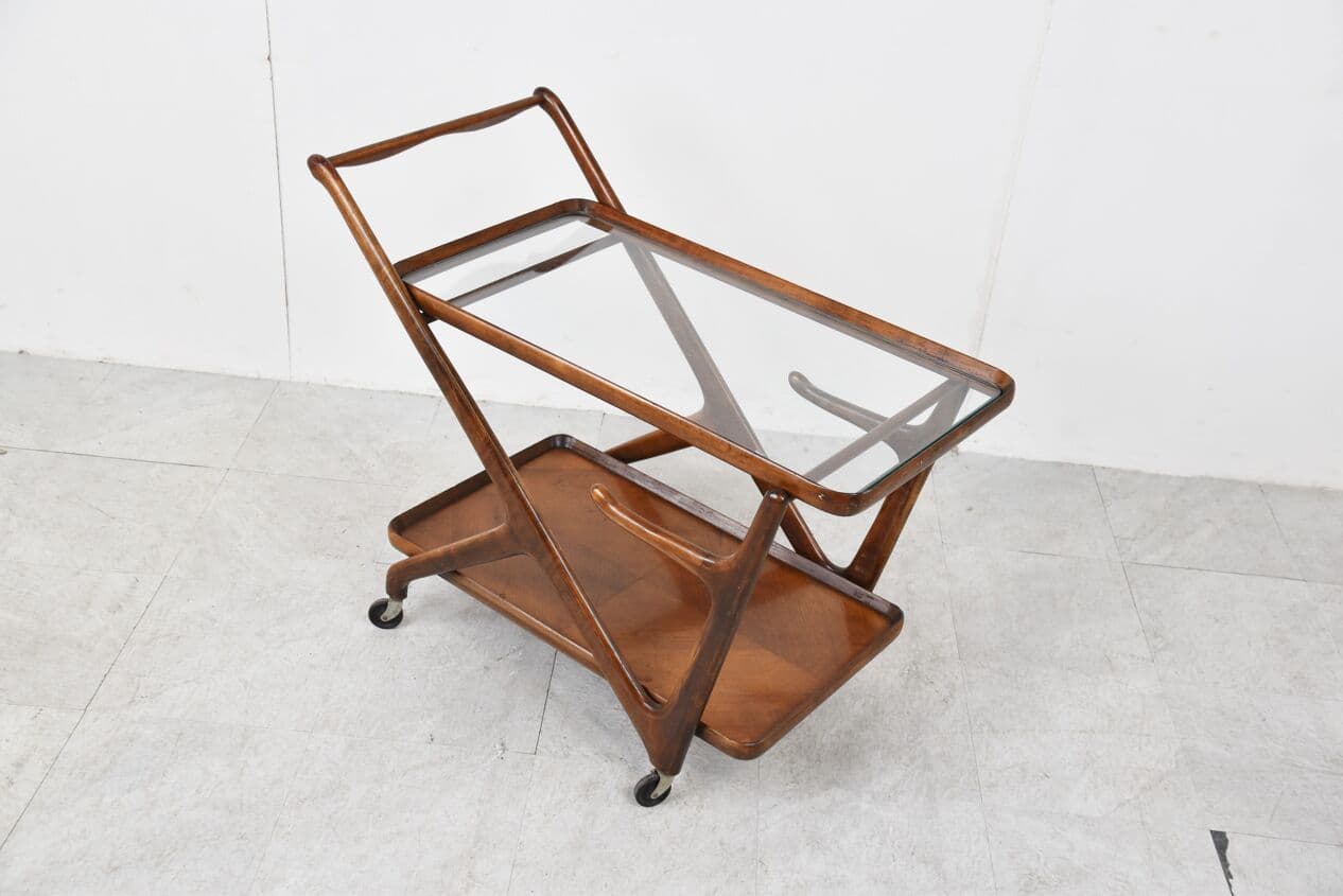 Bar cart, brown wood, glass, by C. Lacca, Italy, 1960s. - 263083
