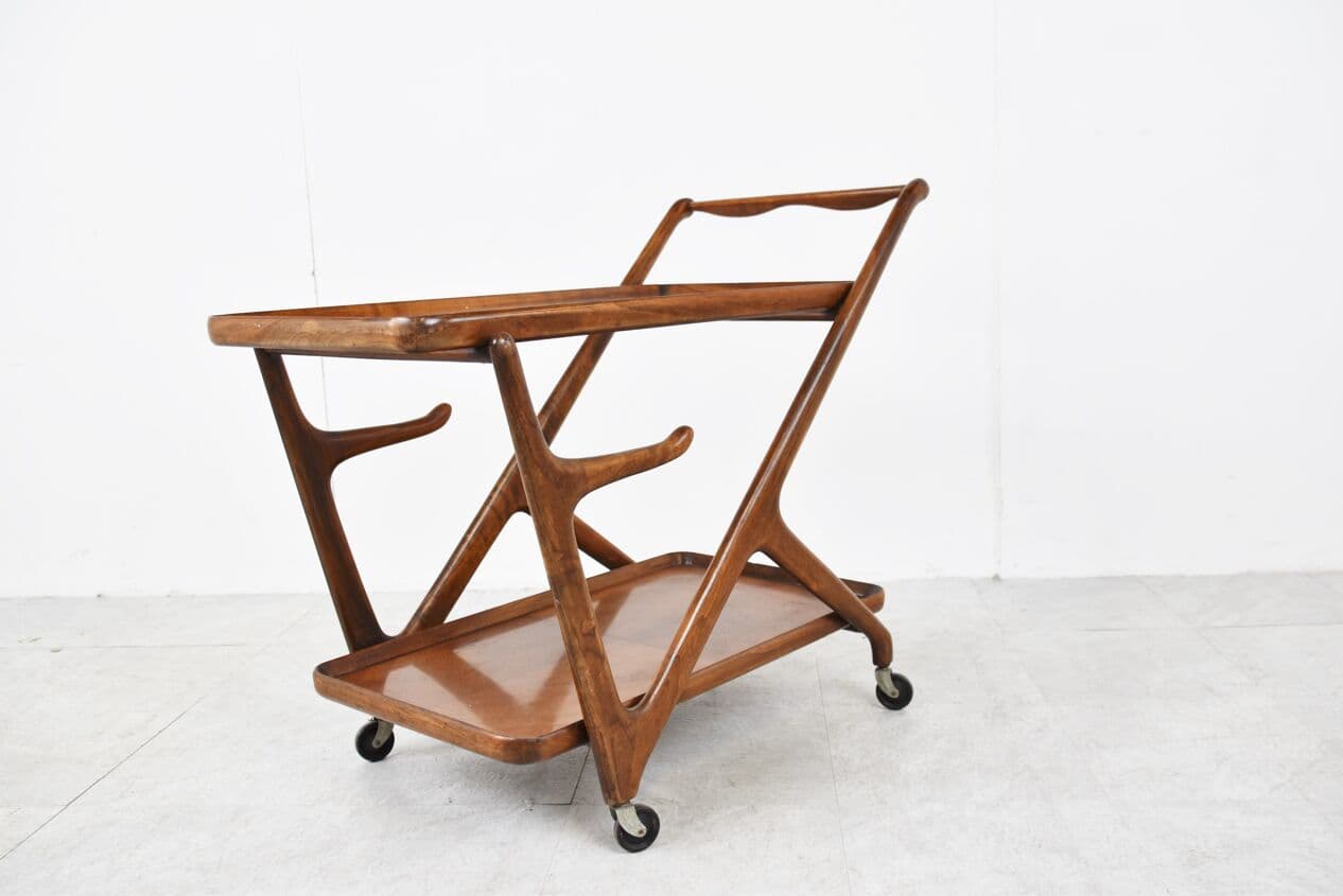 Bar cart, brown wood, glass, by C. Lacca, Italy, 1960s. - 263087