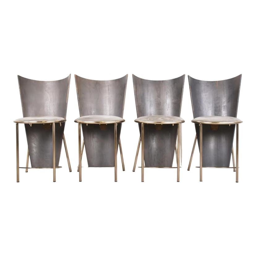 Set of Four Dining Chairs, grey metal, by F. Van Praet, Belgium, 1990s.