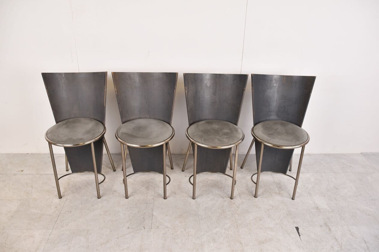 Set of Four Dining Chairs, grey metal, by F. Van Praet, Belgium, 1990s. - 263071