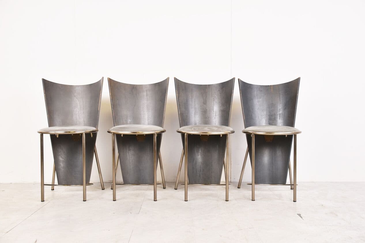 Set of Four Dining Chairs, grey metal, by F. Van Praet, Belgium, 1990s. - 263067