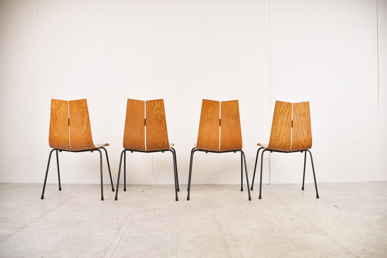 Set of Four Chairs Model GA, brown plywood, black steel, by H. Bellmann, Switzerland, 1960s. - 263049