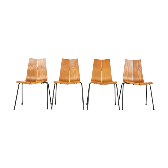 Set of Four Chairs Model GA, brown plywood, black steel, by H. Bellmann, Switzerland, 1960s. - DIMENSION
