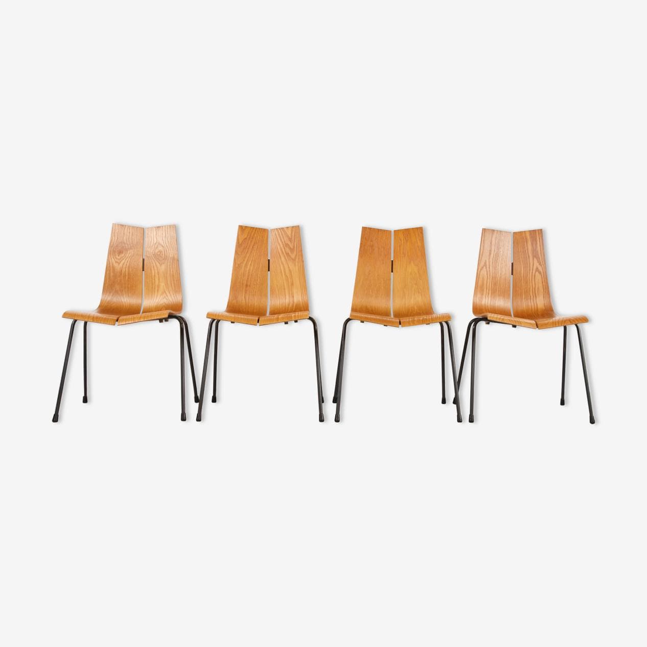 Set of Four Chairs Model GA, brown plywood, black steel, by H. Bellmann, Switzerland, 1960s. - 263044