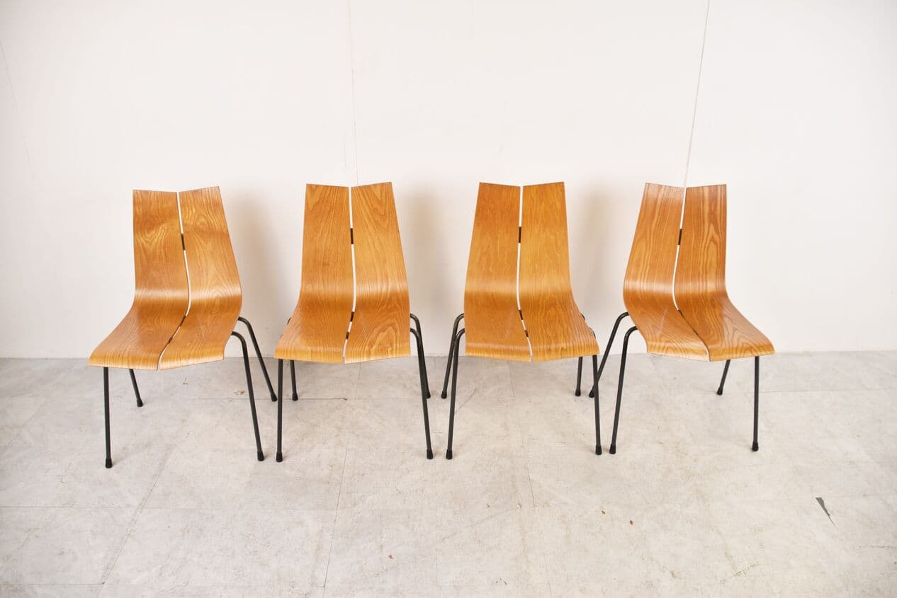 Set of Four Chairs Model GA, brown plywood, black steel, by H. Bellmann, Switzerland, 1960s. - 263045