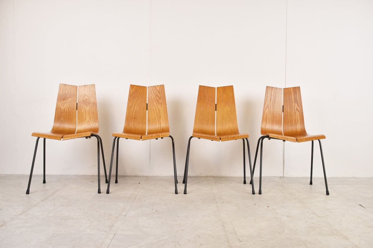 Set of Four Chairs Model GA, brown plywood, black steel, by H. Bellmann, Switzerland, 1960s. - 263043