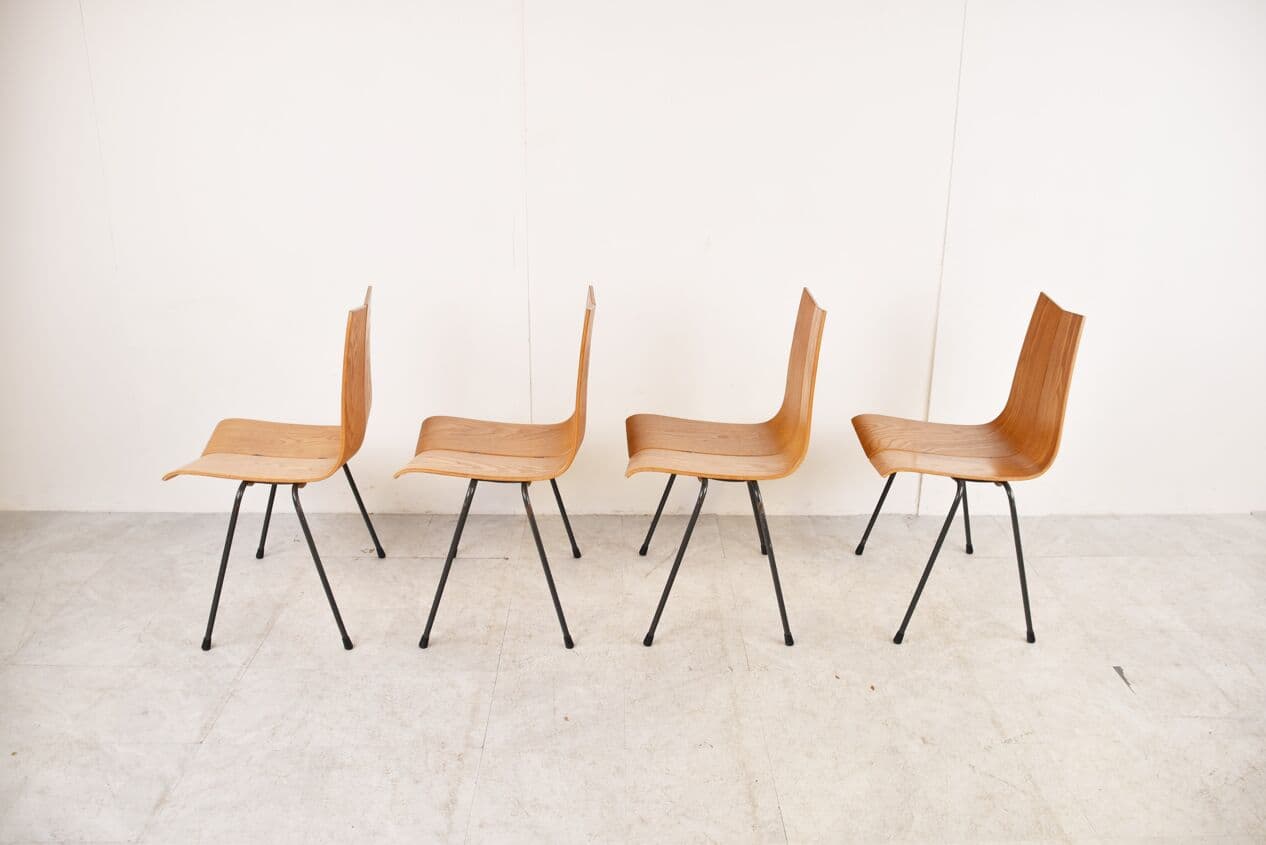 Set of Four Chairs Model GA, brown plywood, black steel, by H. Bellmann, Switzerland, 1960s. - 263046