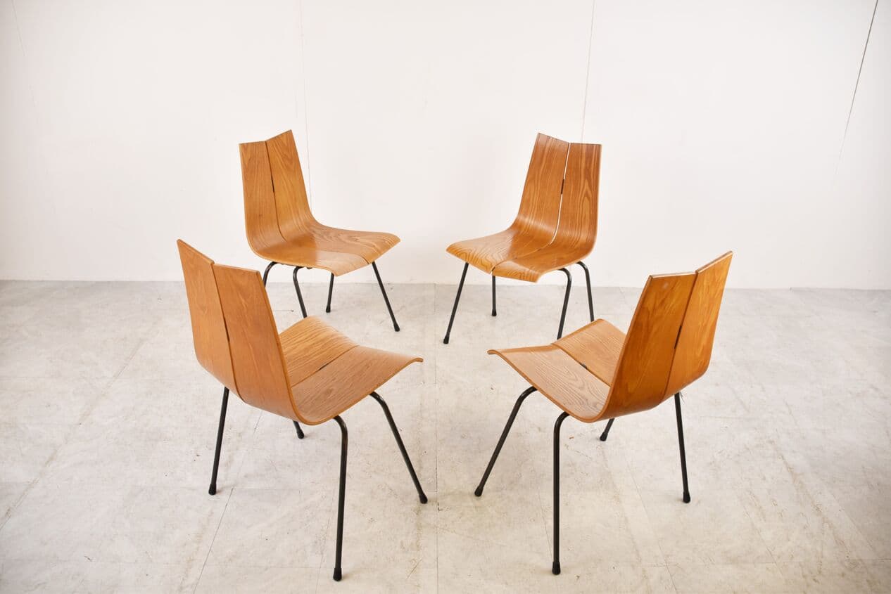 Set of Four Chairs Model GA, brown plywood, black steel, by H. Bellmann, Switzerland, 1960s. - 263050