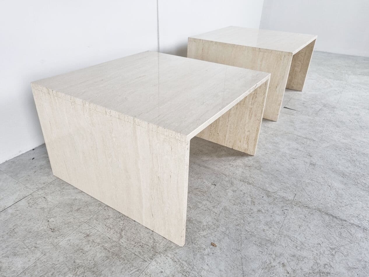 Pair of coffee tables, beige travertine, Belgium, 1970s. - 262997