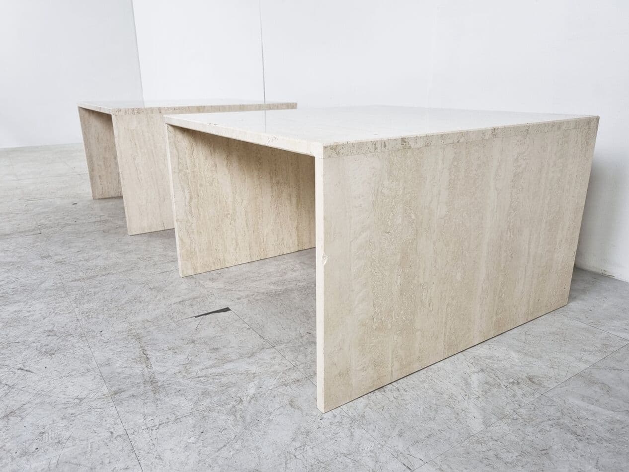 Pair of coffee tables, beige travertine, Belgium, 1970s. - 263000