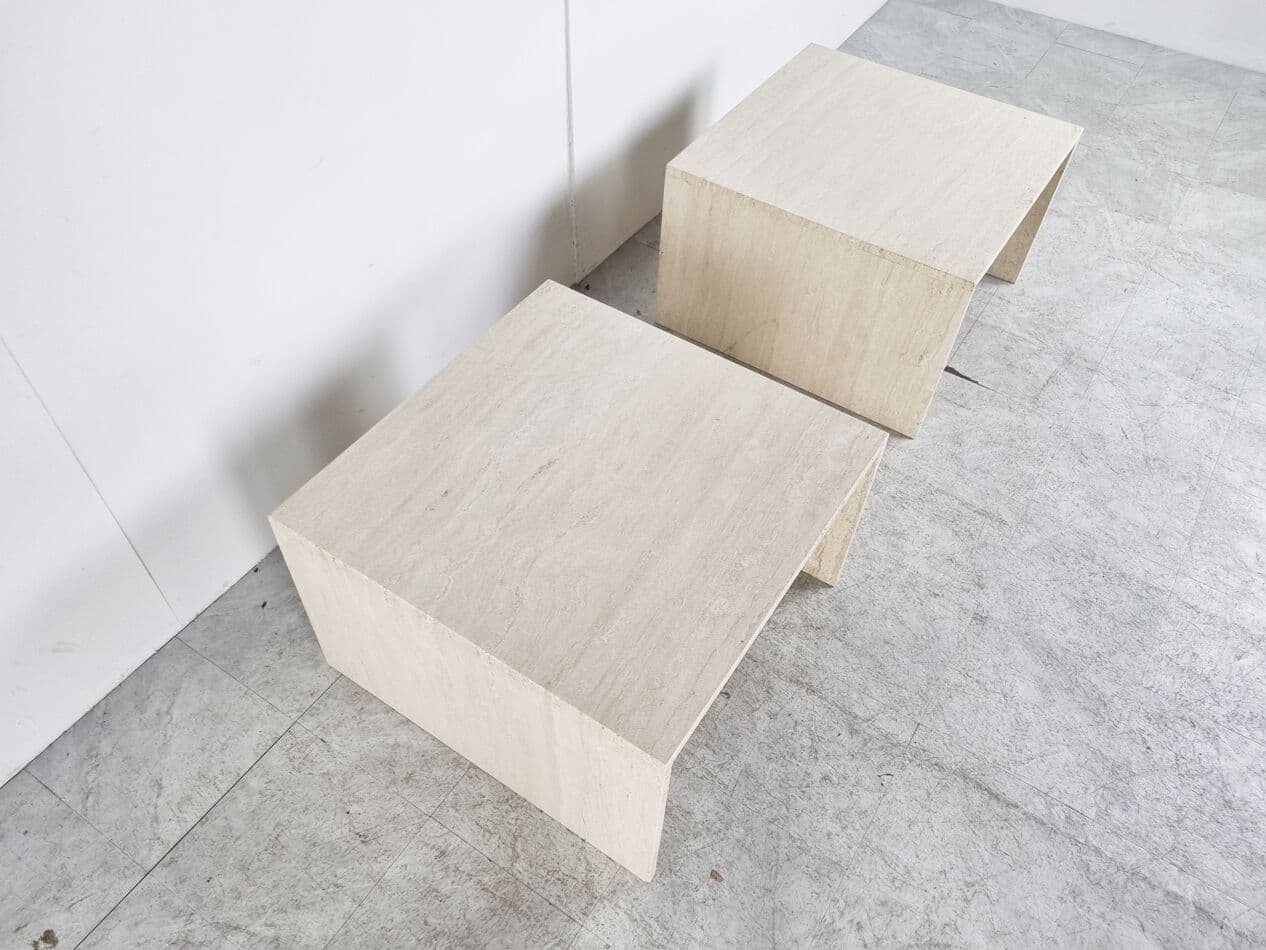 Pair of coffee tables, beige travertine, Belgium, 1970s. - 262998
