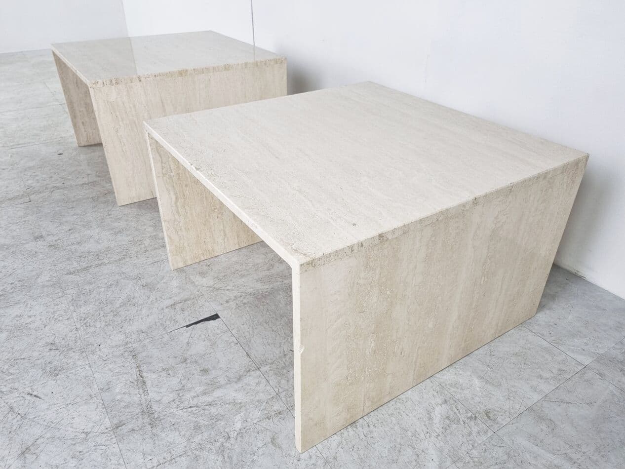 Pair of coffee tables, beige travertine, Belgium, 1970s. - 262999