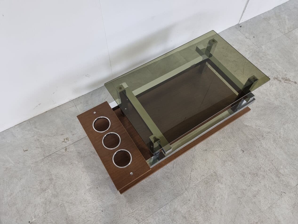 Stolik kawowy, teak, chrom srebrny, szkło barwione, Belgia, lata 60. - 262958