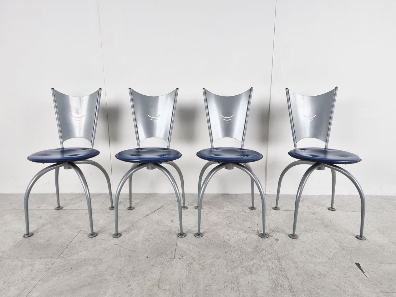 Zestaw czterech krzeseł, Space Age, metal srebrny, tkanina granatowa, Belgia, lata 90. - 262900