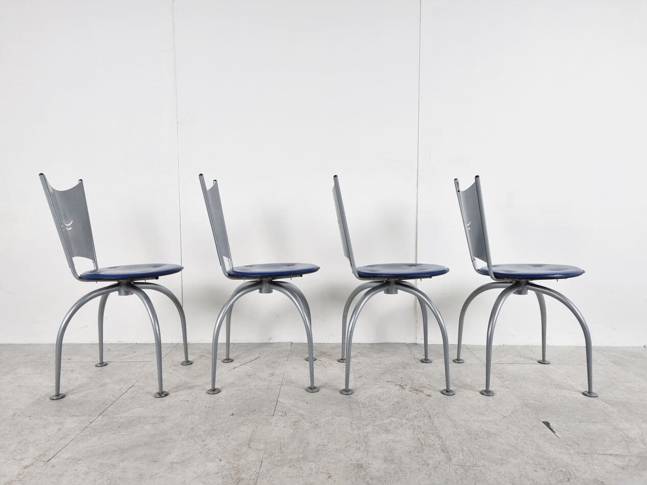 Zestaw czterech krzeseł, Space Age, metal srebrny, tkanina granatowa, Belgia, lata 90. - 262902