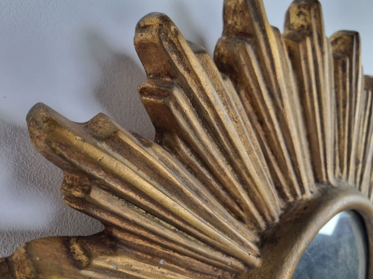 Sunburst mirror, gold, terracotta, glass, Belgium, 1960s. - 262883