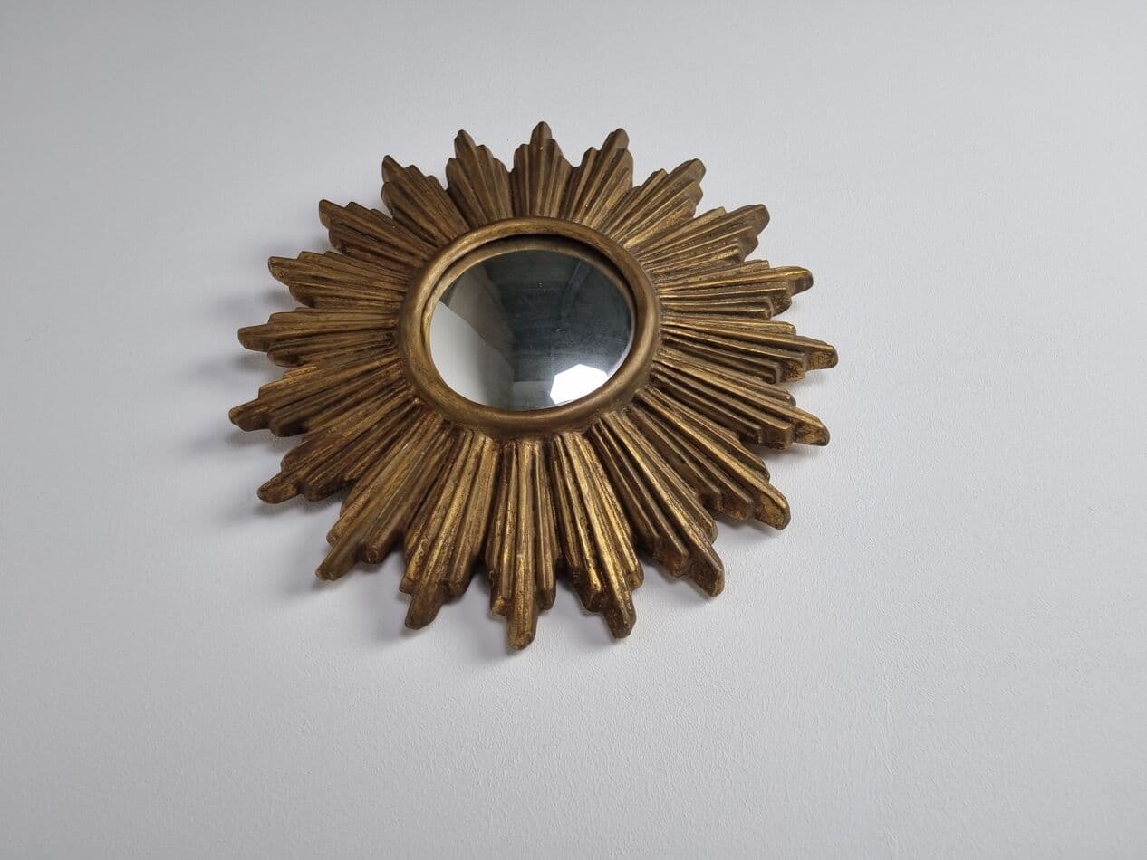 Sunburst mirror, gold, terracotta, glass, Belgium, 1960s. - 262880