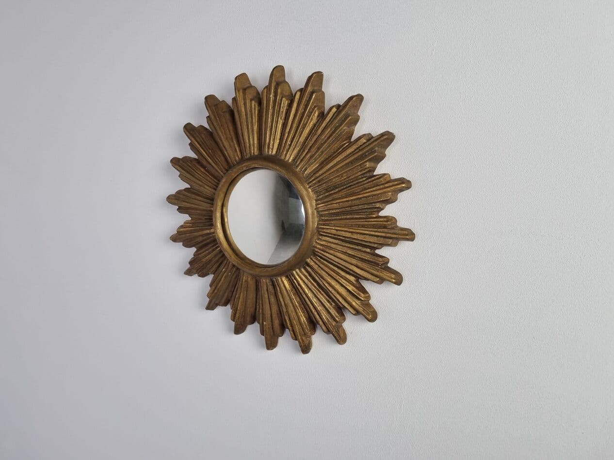 Sunburst mirror, gold, terracotta, glass, Belgium, 1960s. - 262887