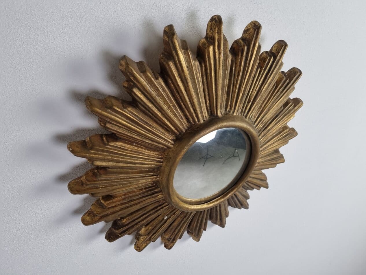 Sunburst mirror, gold, terracotta, glass, Belgium, 1960s. - 262882