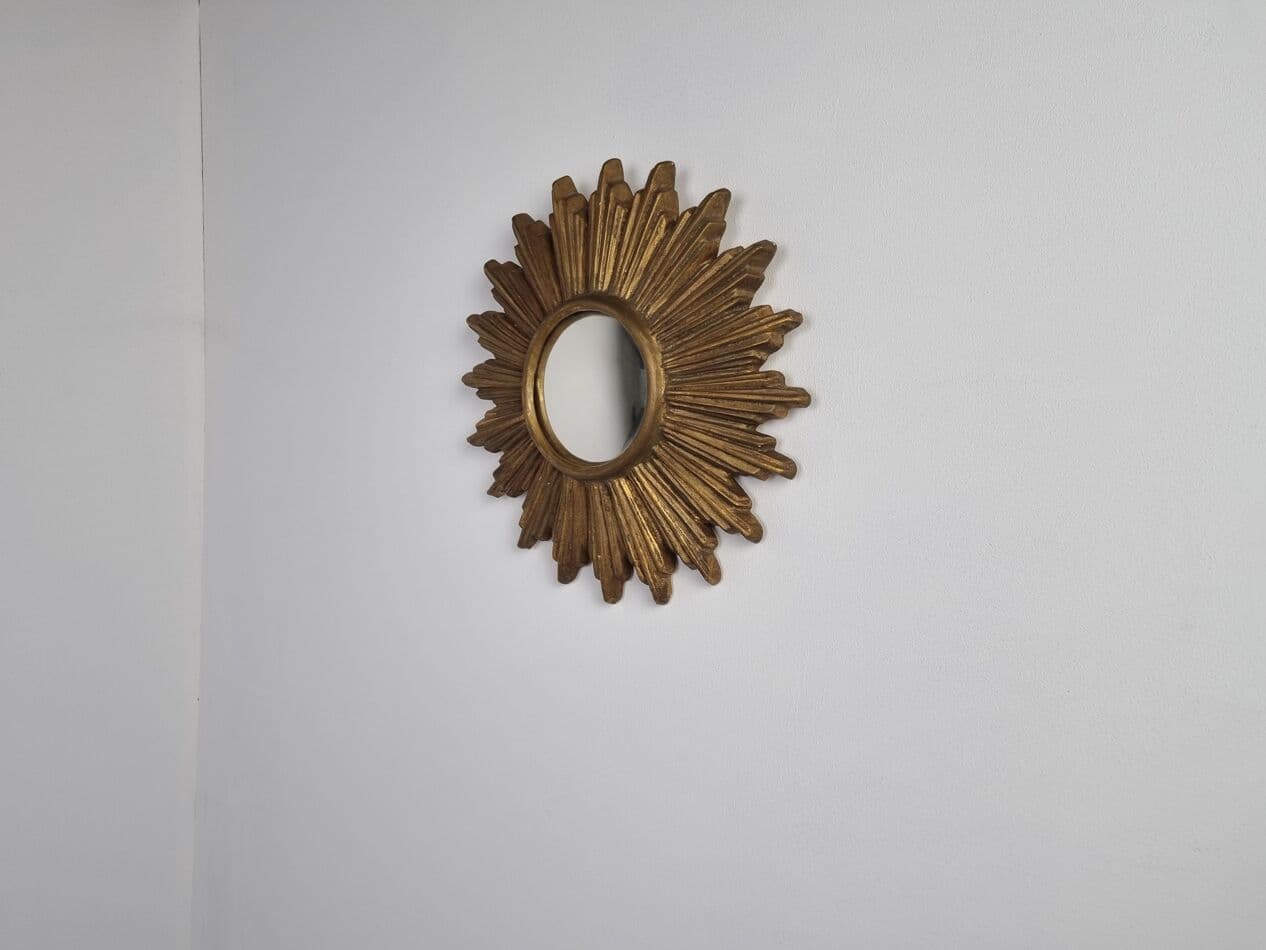 Sunburst mirror, gold, terracotta, glass, Belgium, 1960s. - 262884