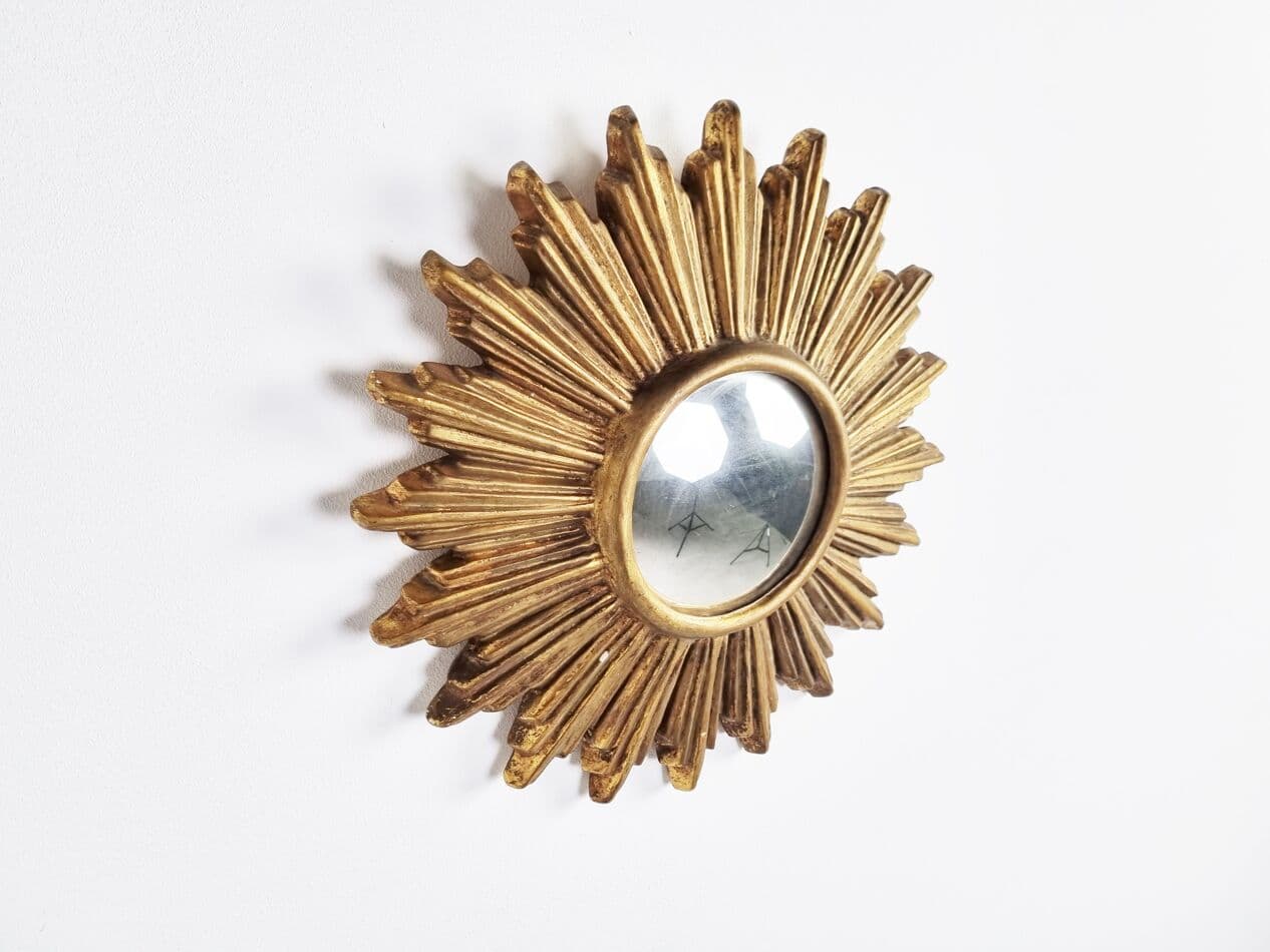 Sunburst mirror, gold, terracotta, glass, Belgium, 1960s. - 262881