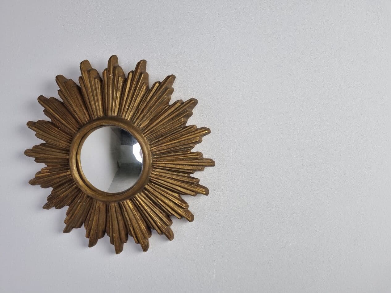 Sunburst mirror, gold, terracotta, glass, Belgium, 1960s. - 262878