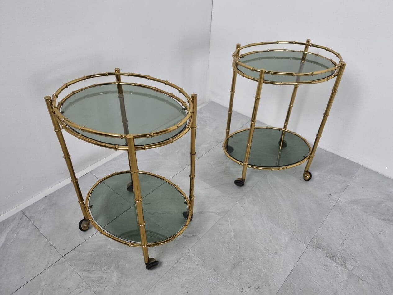 Pair of serving trolleys, bamboo motif, gold brass, smoked glass, France, 1970s - 262840