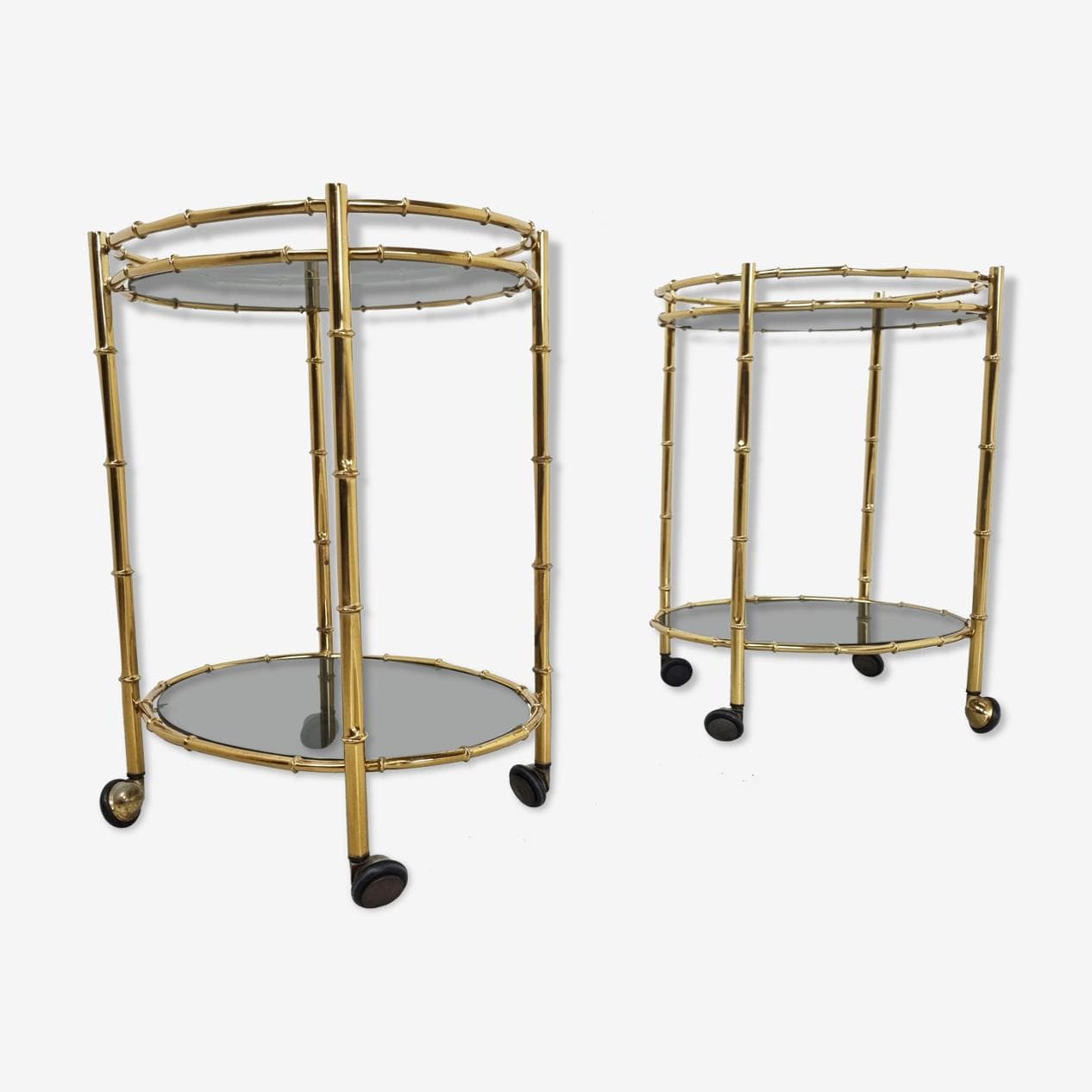 Pair of serving trolleys, bamboo motif, gold brass, smoked glass, France, 1970s - 262848