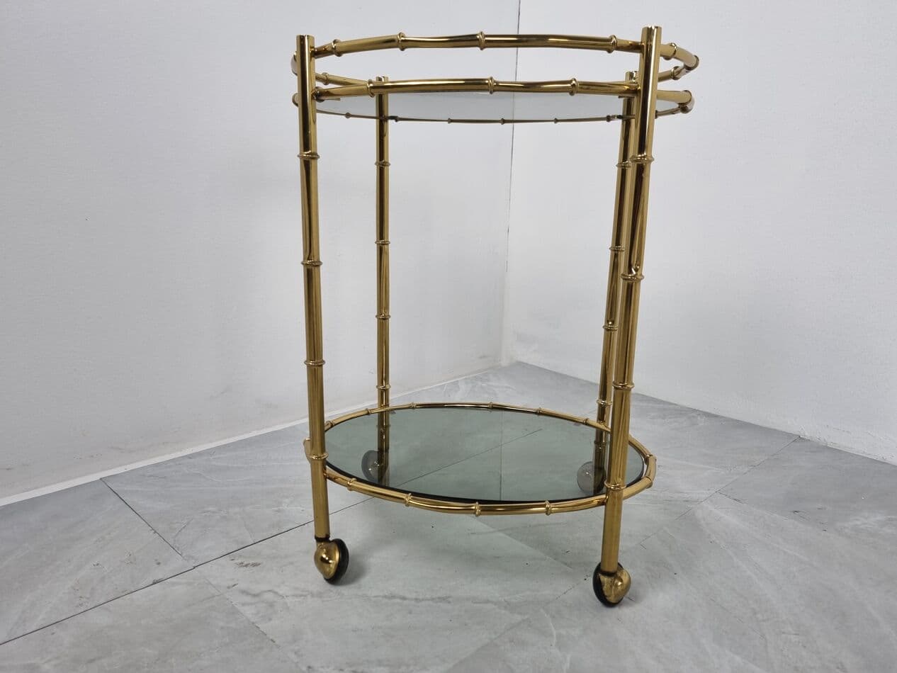 Pair of serving trolleys, bamboo motif, gold brass, smoked glass, France, 1970s - 262846