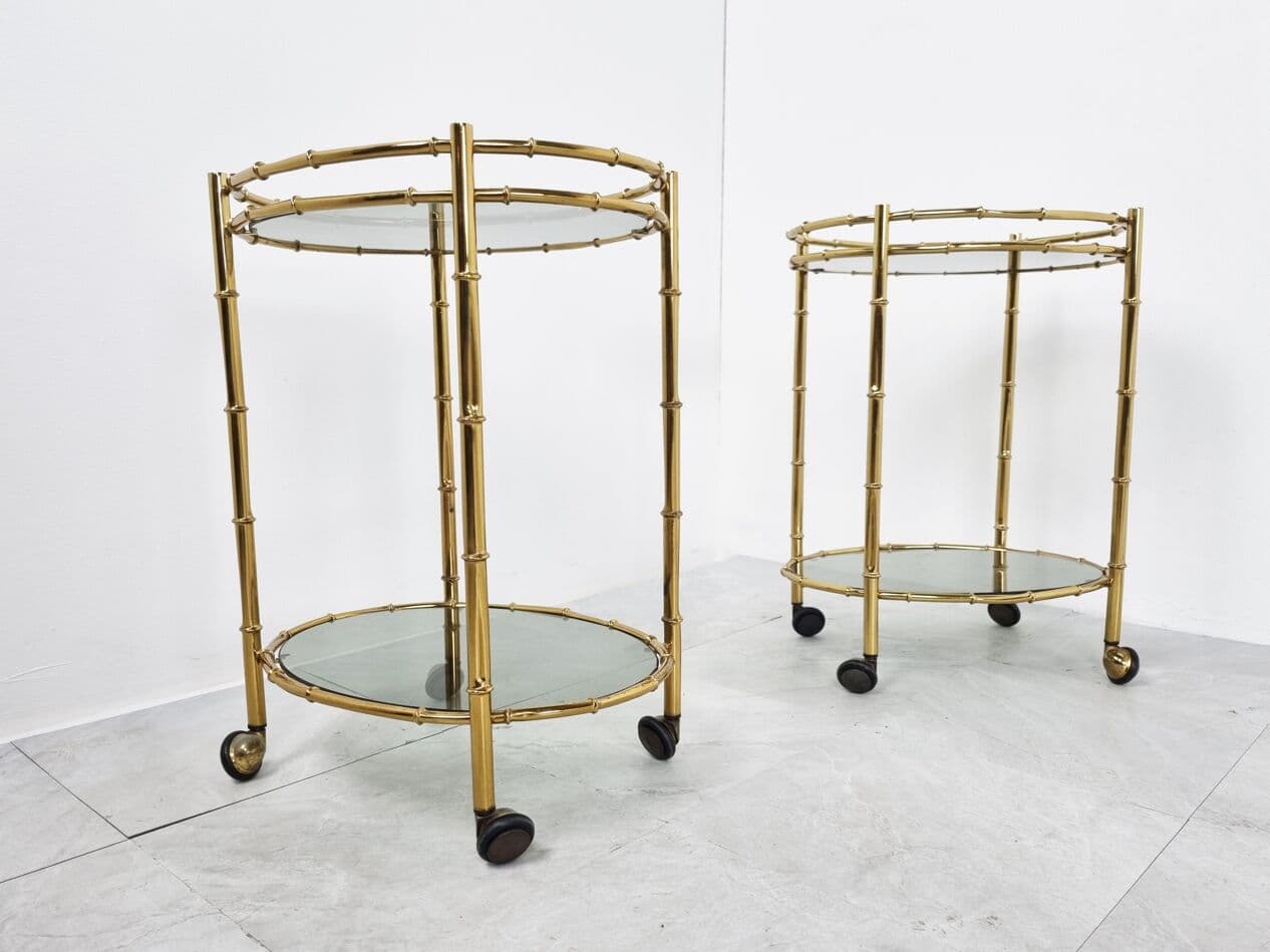 Pair of serving trolleys, bamboo motif, gold brass, smoked glass, France, 1970s - 262847
