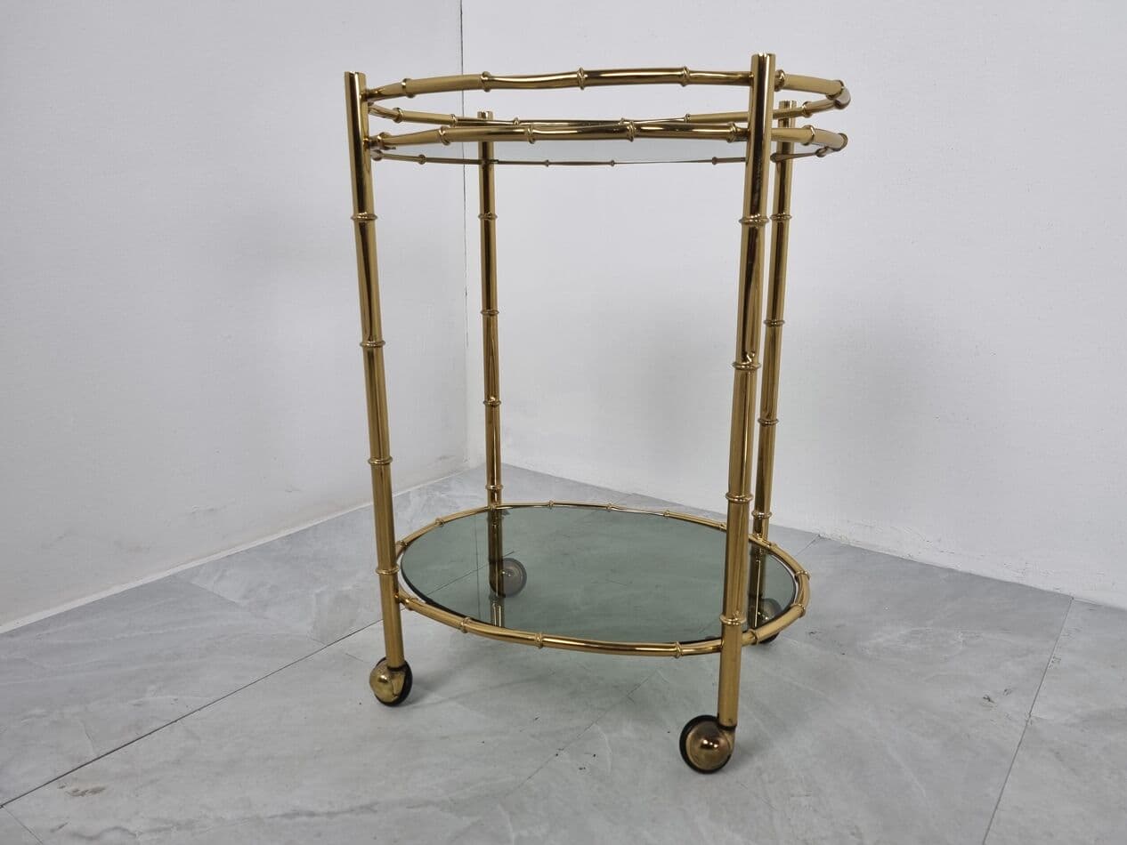 Pair of serving trolleys, bamboo motif, gold brass, smoked glass, France, 1970s - 262841