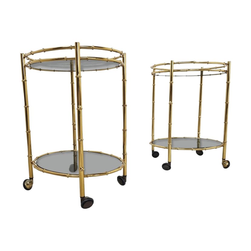 Pair of serving trolleys, bamboo motif, gold brass, smoked glass, France, 1970s