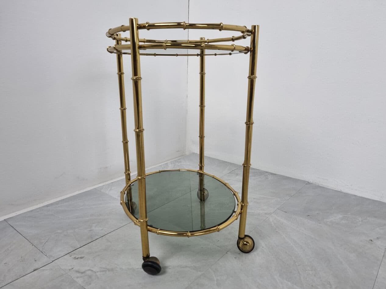 Pair of serving trolleys, bamboo motif, gold brass, smoked glass, France, 1970s - 262844