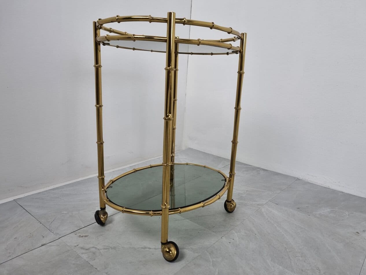 Pair of serving trolleys, bamboo motif, gold brass, smoked glass, France, 1970s - 262845