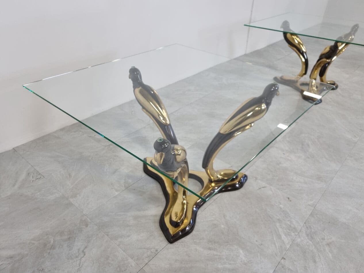 Pair of Bird coffee tables, gold brass, glass, Belgium, 1970s. - 273813