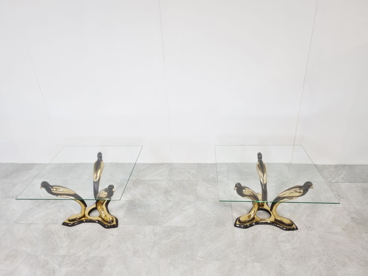 Pair of Bird coffee tables, gold brass, glass, Belgium, 1970s. - 273816
