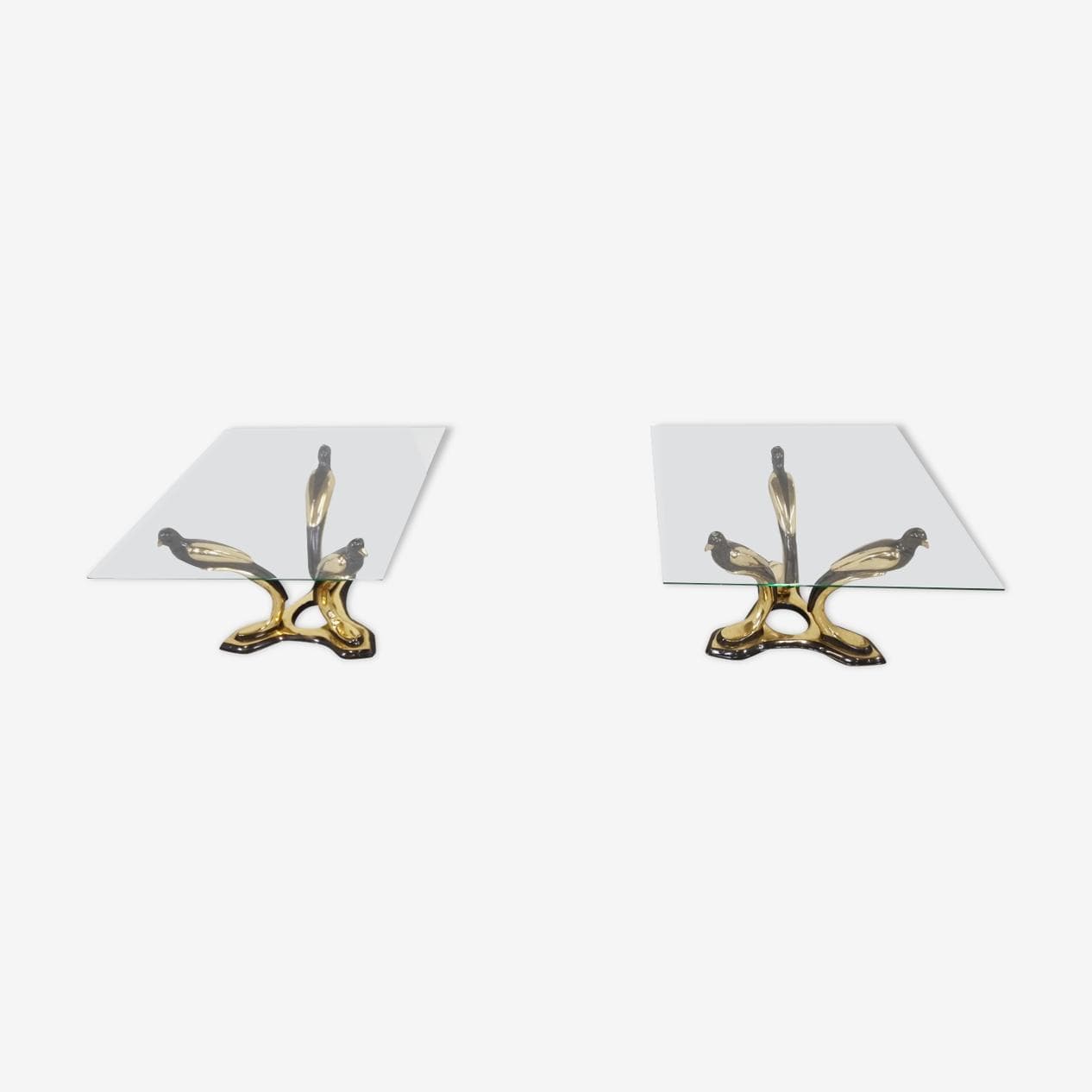 Pair of Bird coffee tables, gold brass, glass, Belgium, 1970s. - 273817