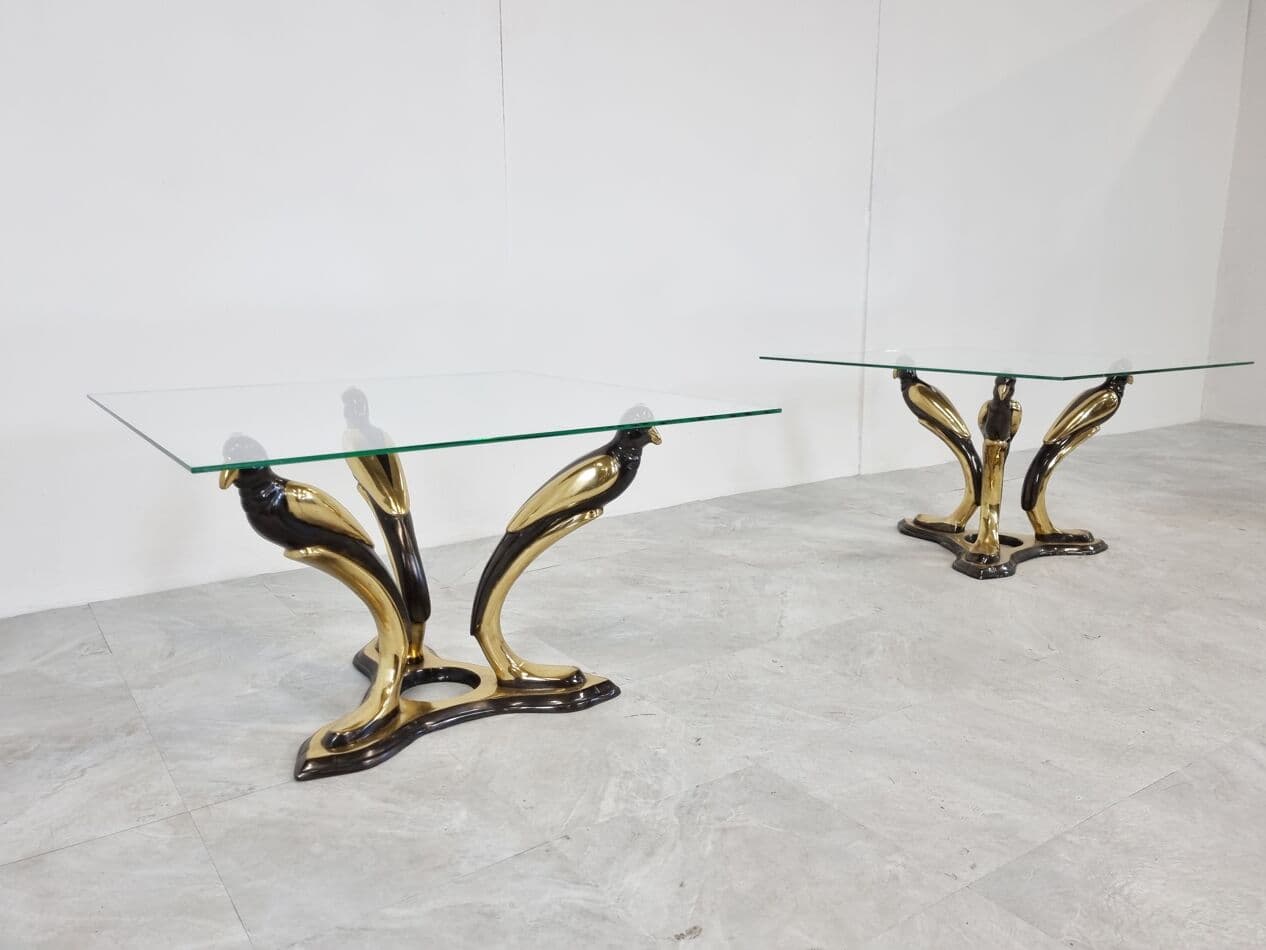 Pair of Bird coffee tables, gold brass, glass, Belgium, 1970s. - 273811