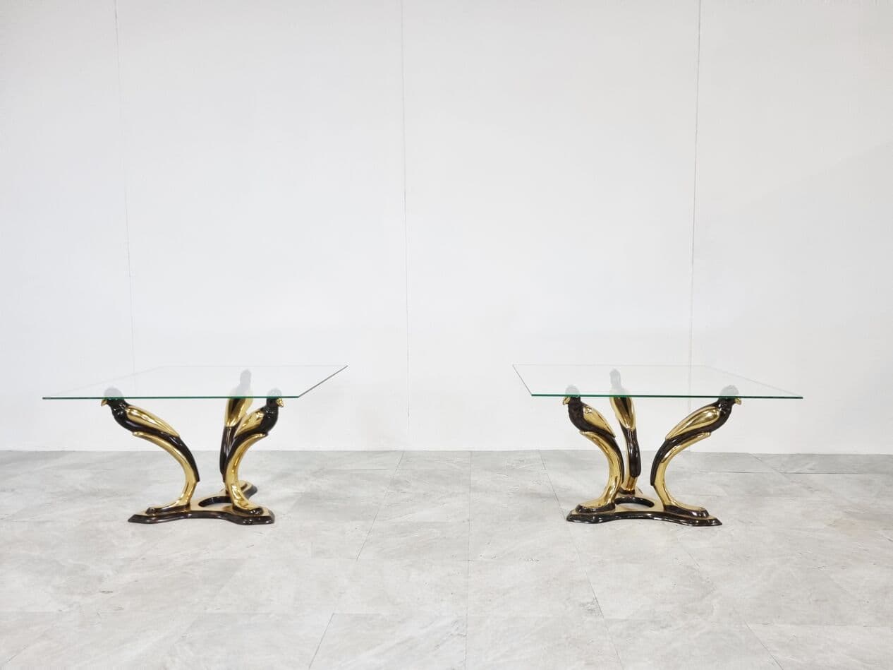 Pair of Bird coffee tables, gold brass, glass, Belgium, 1970s. - 273809