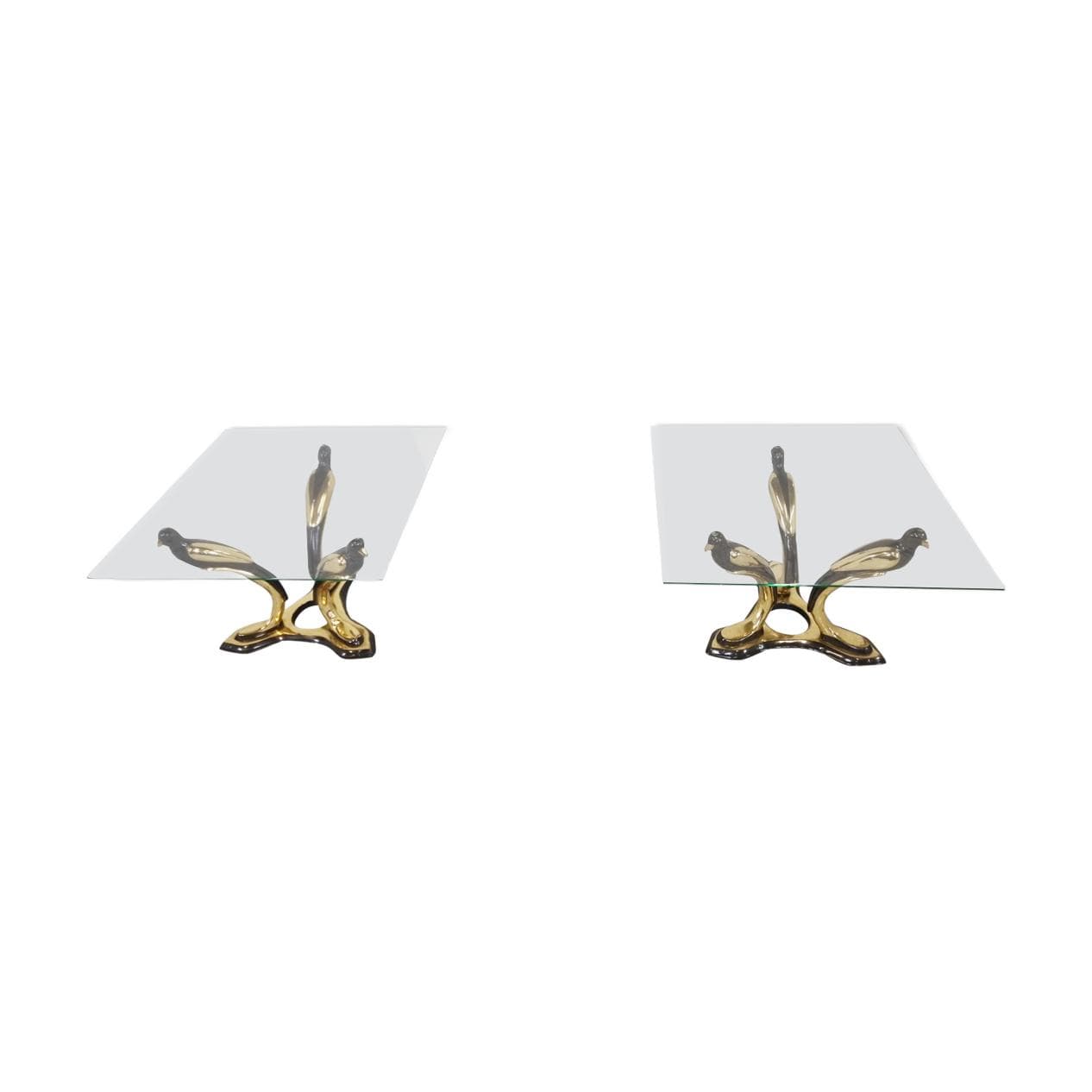 Pair of Bird coffee tables, gold brass, glass, Belgium, 1970s.