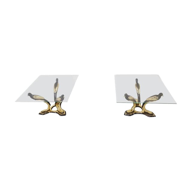 Pair of Bird coffee tables, gold brass, glass, Belgium, 1970s. - DIMENSION