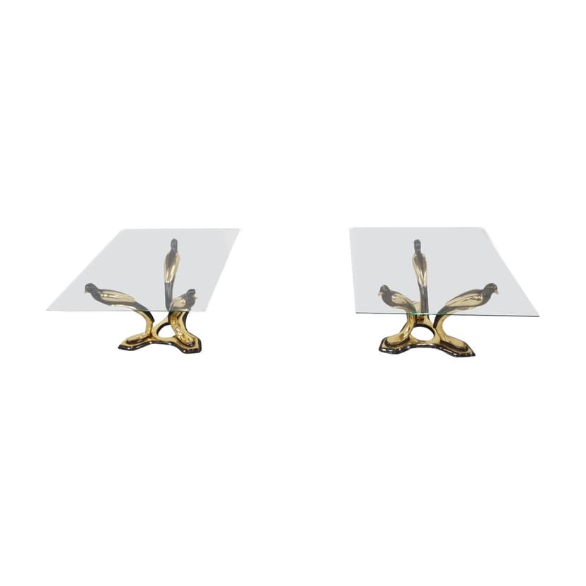 Pair of Bird coffee tables, gold brass, glass, Belgium, 1970s.