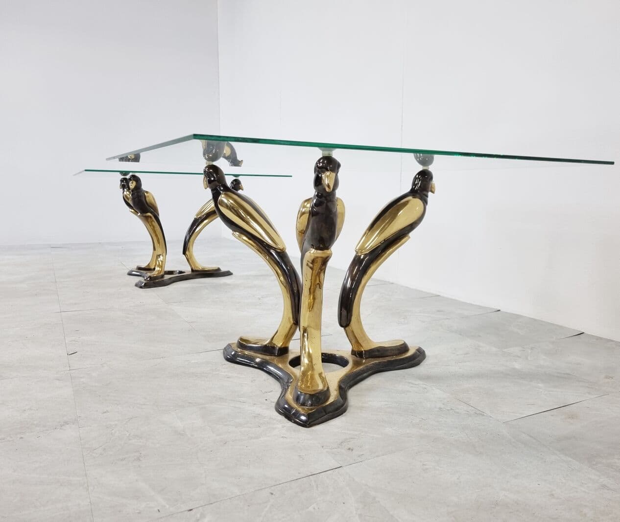 Pair of Bird coffee tables, gold brass, glass, Belgium, 1970s. - 273810