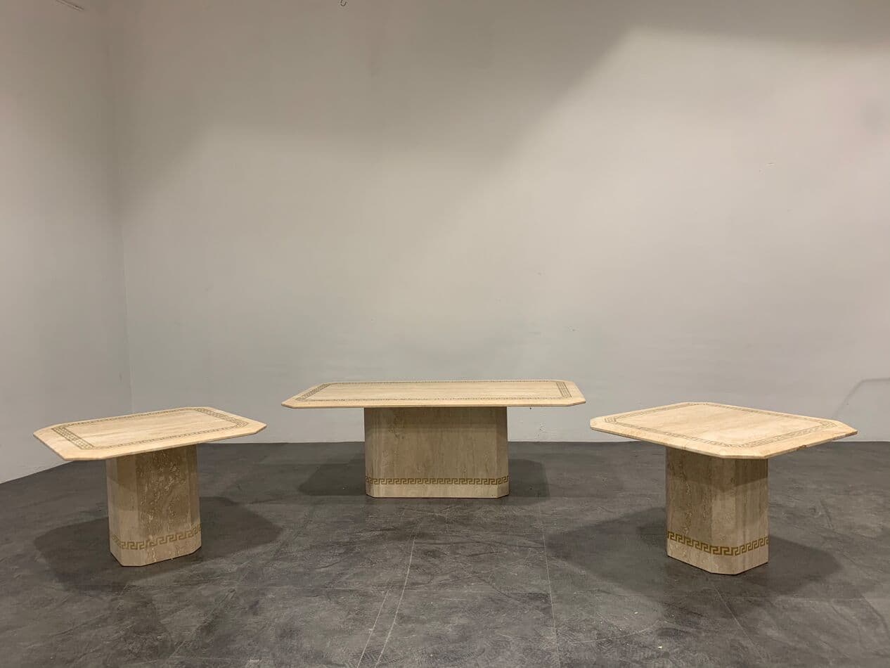 Set of Three Coffee and Side Tables, beige travertine, Italy, 1980s. - 273631