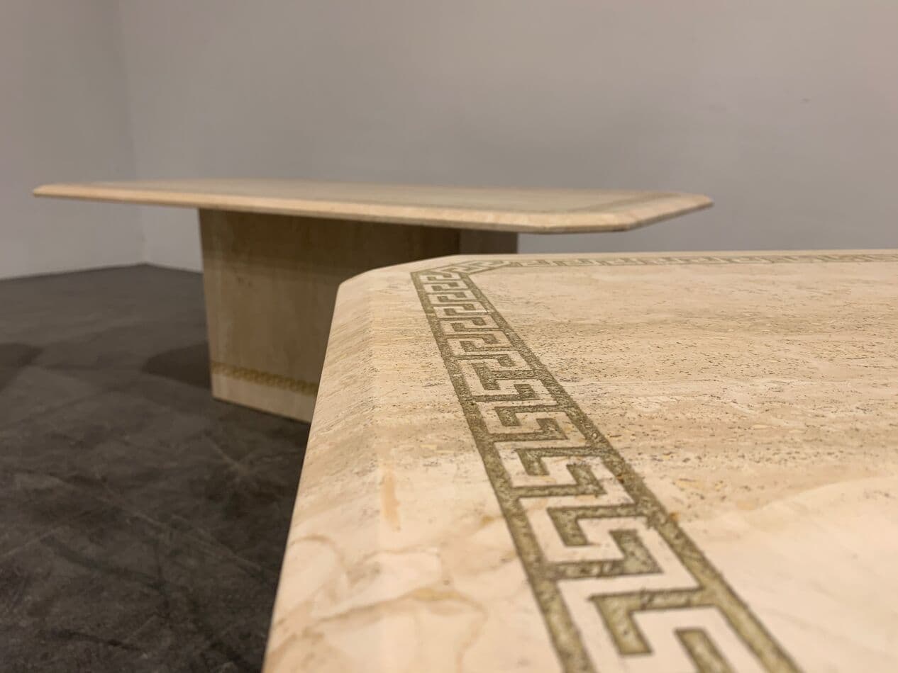 Set of Three Coffee and Side Tables, beige travertine, Italy, 1980s. - 273629
