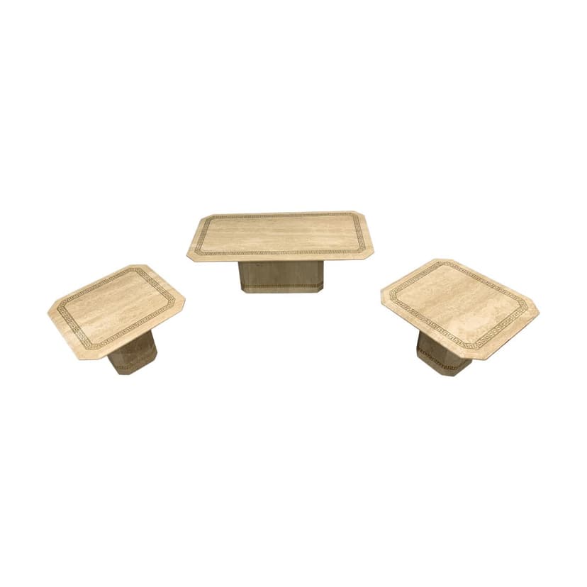 Set of Three Coffee and Side Tables, beige travertine, Italy, 1980s.